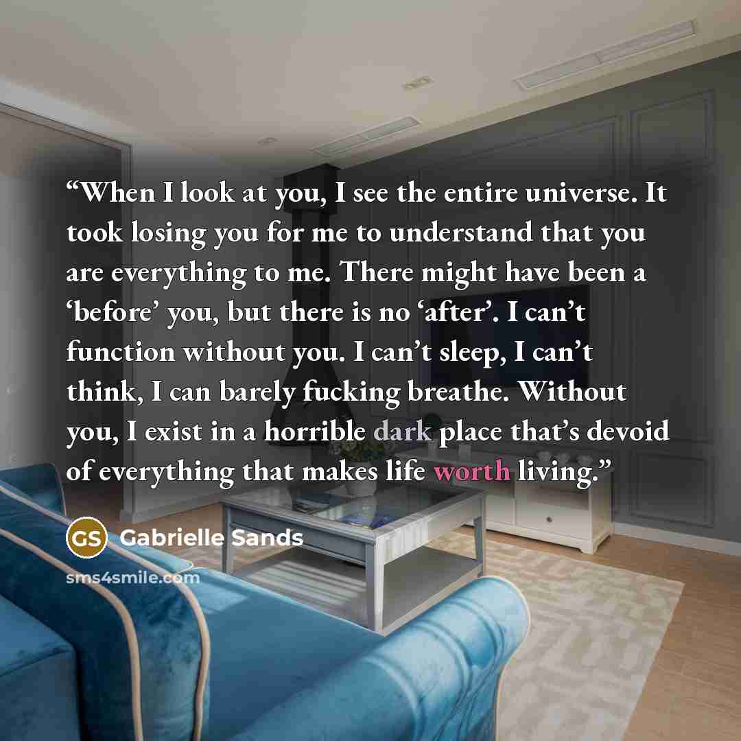 “When I look at you, I see the entire universe. It took losing you for me to understand that you are everything to me. There might have been a ‘before’ you, but there is no ‘after’. I can’t function without you. I can’t sleep, I can’t think, I can barely fucking breathe. Without you, I exist in a…” quote by Gabrielle Sands