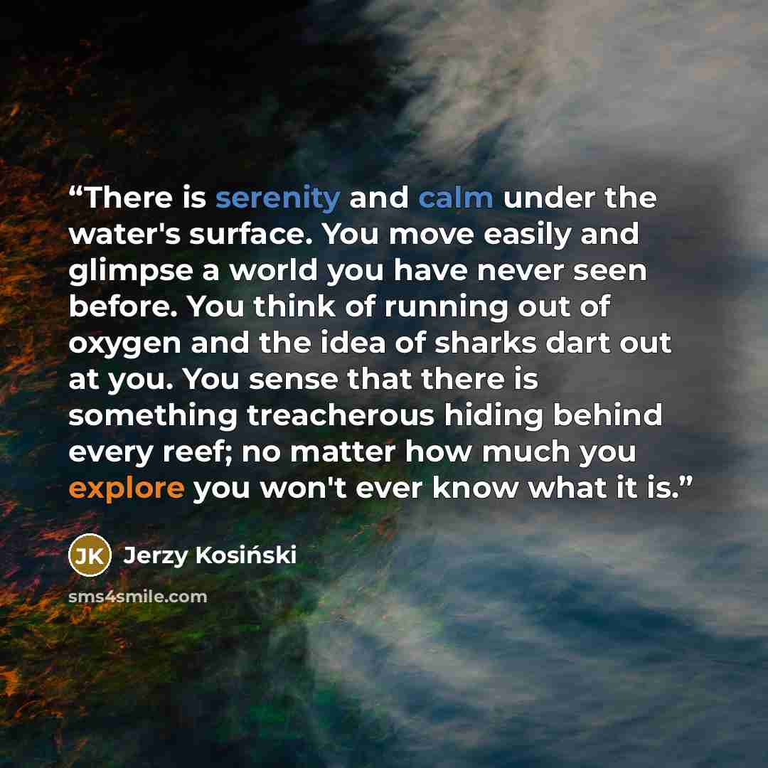 “There is serenity and calm under the water's surface. You move easily and glimpse a world you have never seen before. You think of running out of oxygen and the idea of sharks dart out at you. You sense that there is something treacherous hiding behind every reef; no matter how much you explore…” quote by Jerzy Kosiński