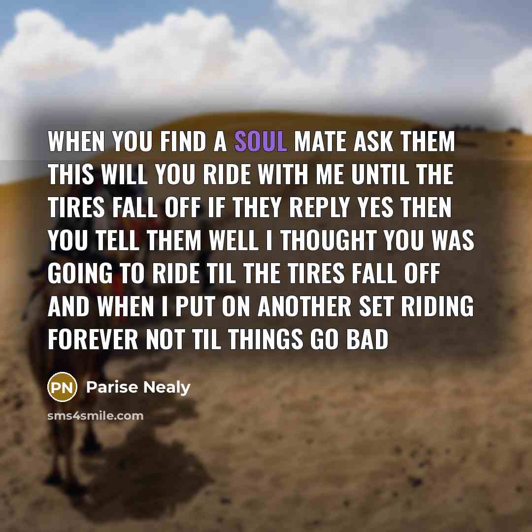 “When you find a soul mate ask them this will you ride with me until the tires fall off if they reply yes then you tell them well I thought you was going to ride til the tires fall off and when I put on another set riding forever not til things go bad” quote by Parise Nealy