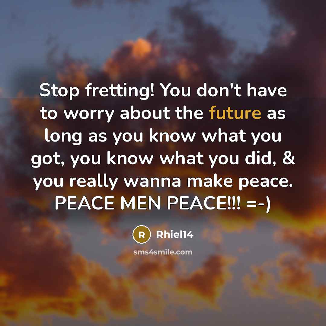 “Stop fretting! You don't have to worry about the future as long as you know what you got, you know what you did, & you really wanna make peace. PEACE MEN PEACE!!! =-)” quote by Rhiel14