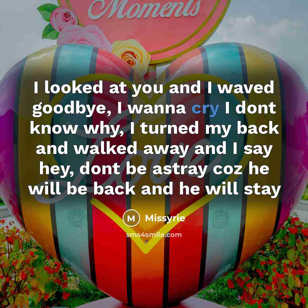 “I looked at you and I waved goodbye, I wanna cry I dont know why, I turned my back and walked away and I say hey, dont be astray coz he will be back and he will stay” quote by Missyrie