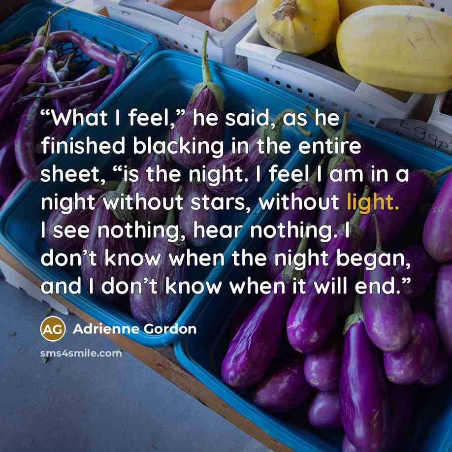“What I feel,” he said, as he finished blacking in the entire sheet, “is the night. I feel I am in a night without stars, without light. I see nothing, hear nothing. I don’t know when the night began, and I don’t know when it will end.” quote by Adrienne Gordon