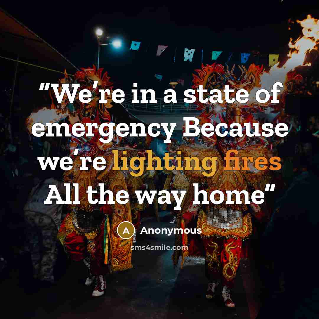 “We’re in a state of emergency Because we’re lighting fires All the way home” quote by Anonymous