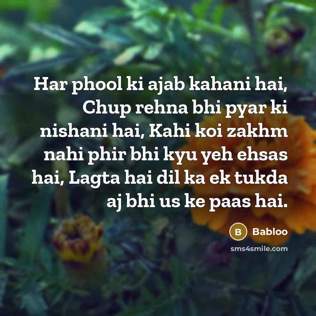 “Har phool ki ajab kahani hai, Chup rehna bhi pyar ki nishani hai, Kahi koi zakhm nahi phir bhi kyu yeh ehsas hai, Lagta hai dil ka ek tukda aj bhi us ke paas hai.” quote by Babloo