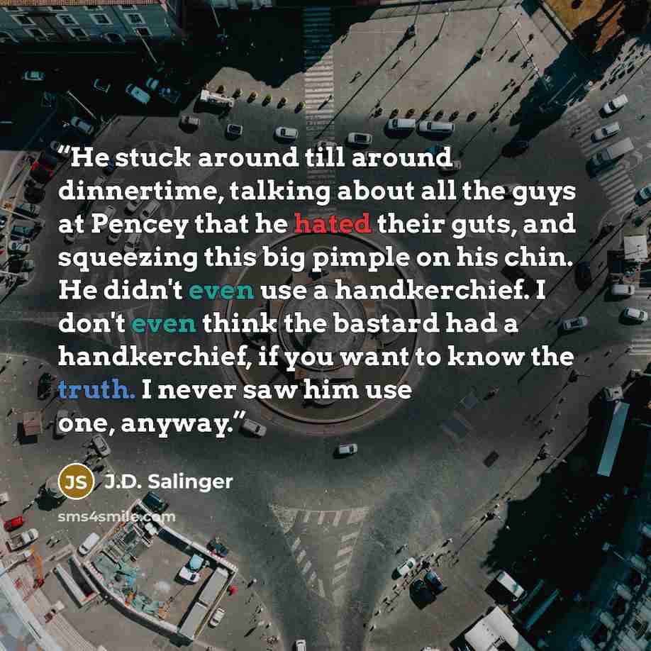 “He stuck around till around dinnertime, talking about all the guys at Pencey that he hated their guts, and squeezing this big pimple on his chin. He didn't even use a handkerchief. I don't even think the bastard had a handkerchief, if you want to know the truth. I never saw him use one, anyway.” quote by J.D. Salinger