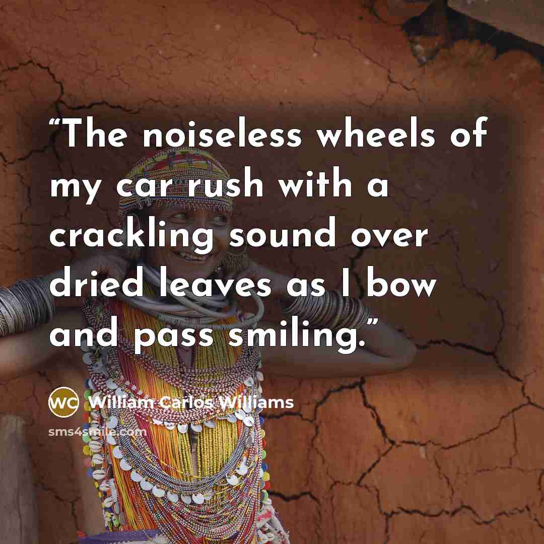 “The noiseless wheels of my car rush with a crackling sound over dried leaves as I bow and pass smiling.” quote by William Carlos Williams