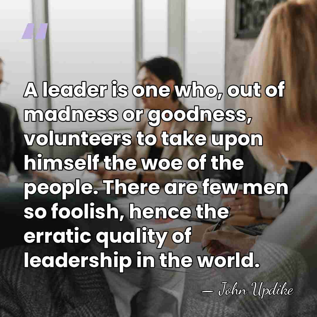A leader is one who, out of madness or goodness, volunteers to&hellip; - John Updike