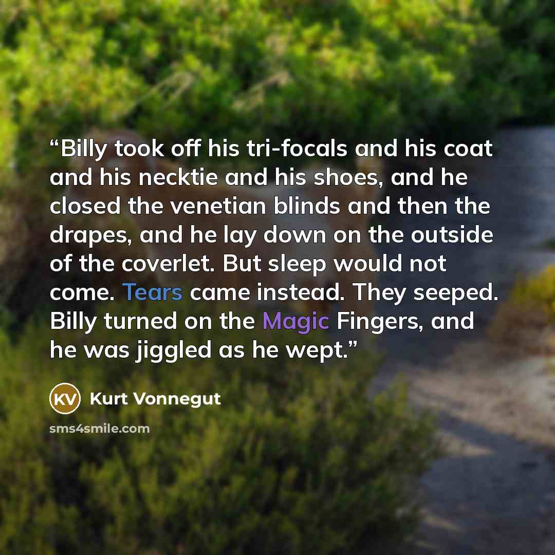 “Billy took off his tri-focals and his coat and his necktie and his shoes, and he closed the venetian blinds and then the drapes, and he lay down on the outside of the coverlet. But sleep would not come. Tears came instead. They seeped. Billy turned on the Magic Fingers, and he was jiggled as he…” quote by Kurt Vonnegut