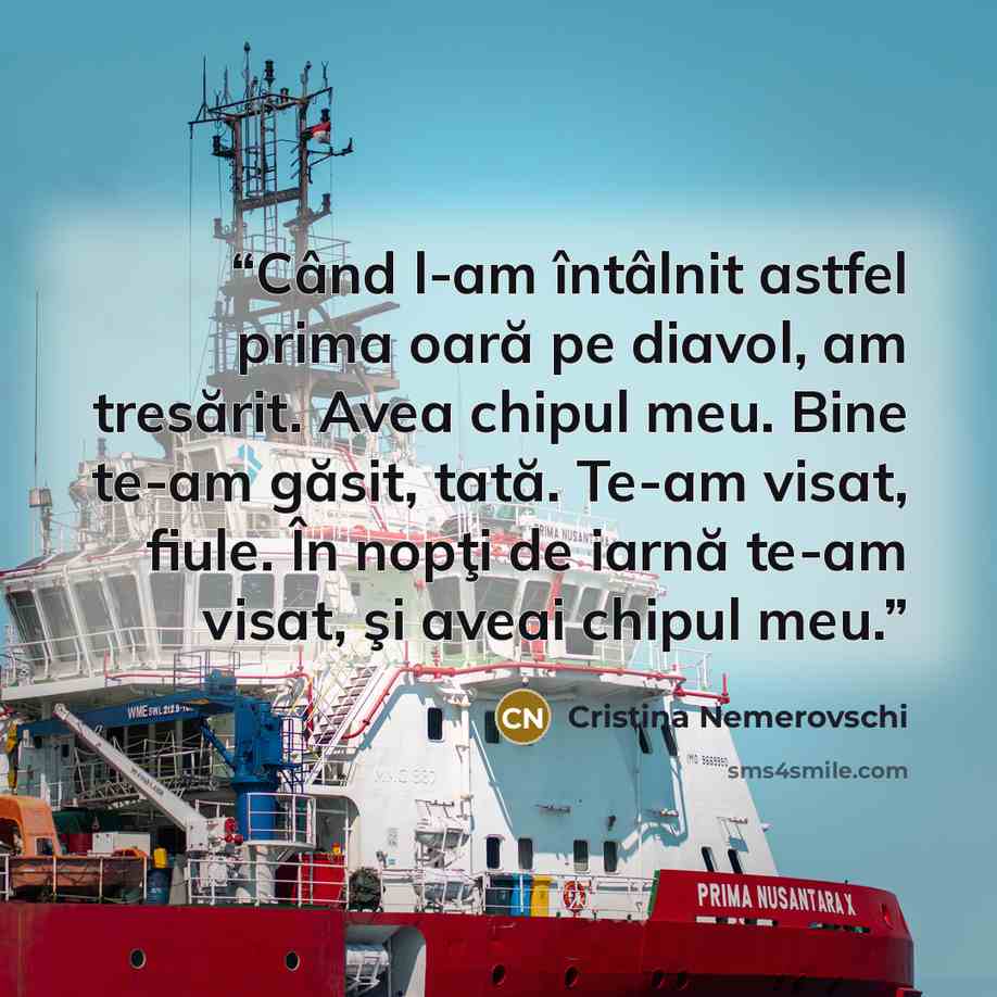 “Când l-am întâlnit astfel prima oară pe diavol, am tresărit. Avea chipul meu. Bine te-am găsit, tată. Te-am visat, fiule. În nopţi de iarnă te-am visat, şi aveai chipul meu.” quote by Cristina Nemerovschi