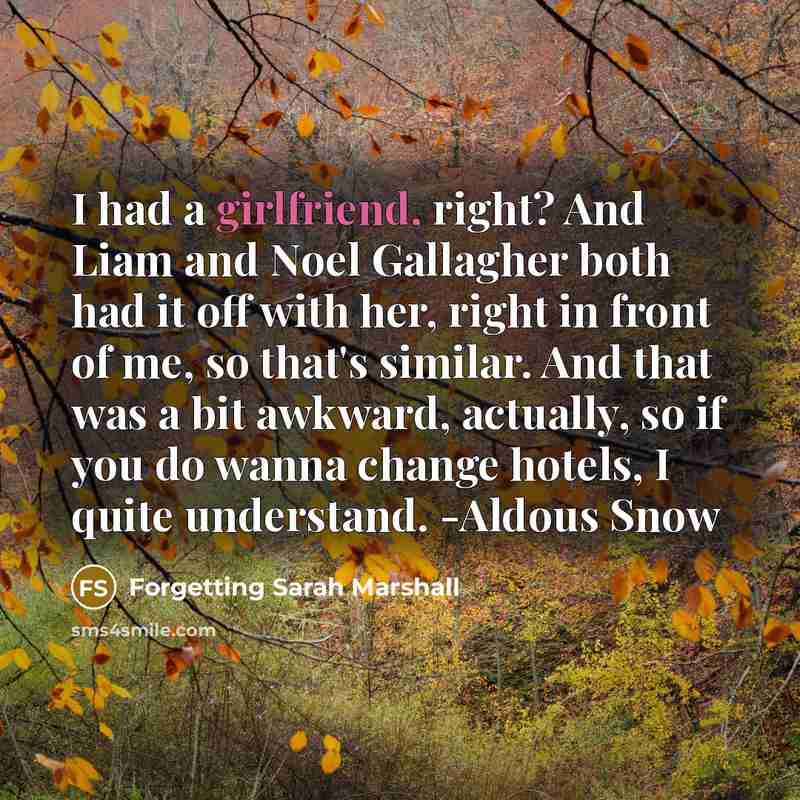 “I had a girlfriend, right? And Liam and Noel Gallagher both had it off with her, right in front of me, so that's similar. And that was a bit awkward, actually, so if you do wanna change hotels, I quite understand. -Aldous Snow” quote by Forgetting Sarah Marshall