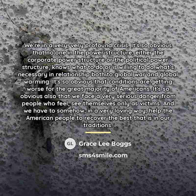 “We're in a very, very profound crisis. It's so obvious…” quote by Grace Lee Boggs