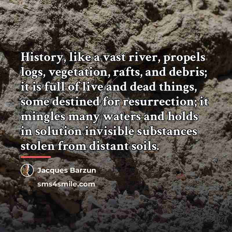 “History, like a vast river, propels logs, vegetation, rafts, and…” quote by Jacques Barzun