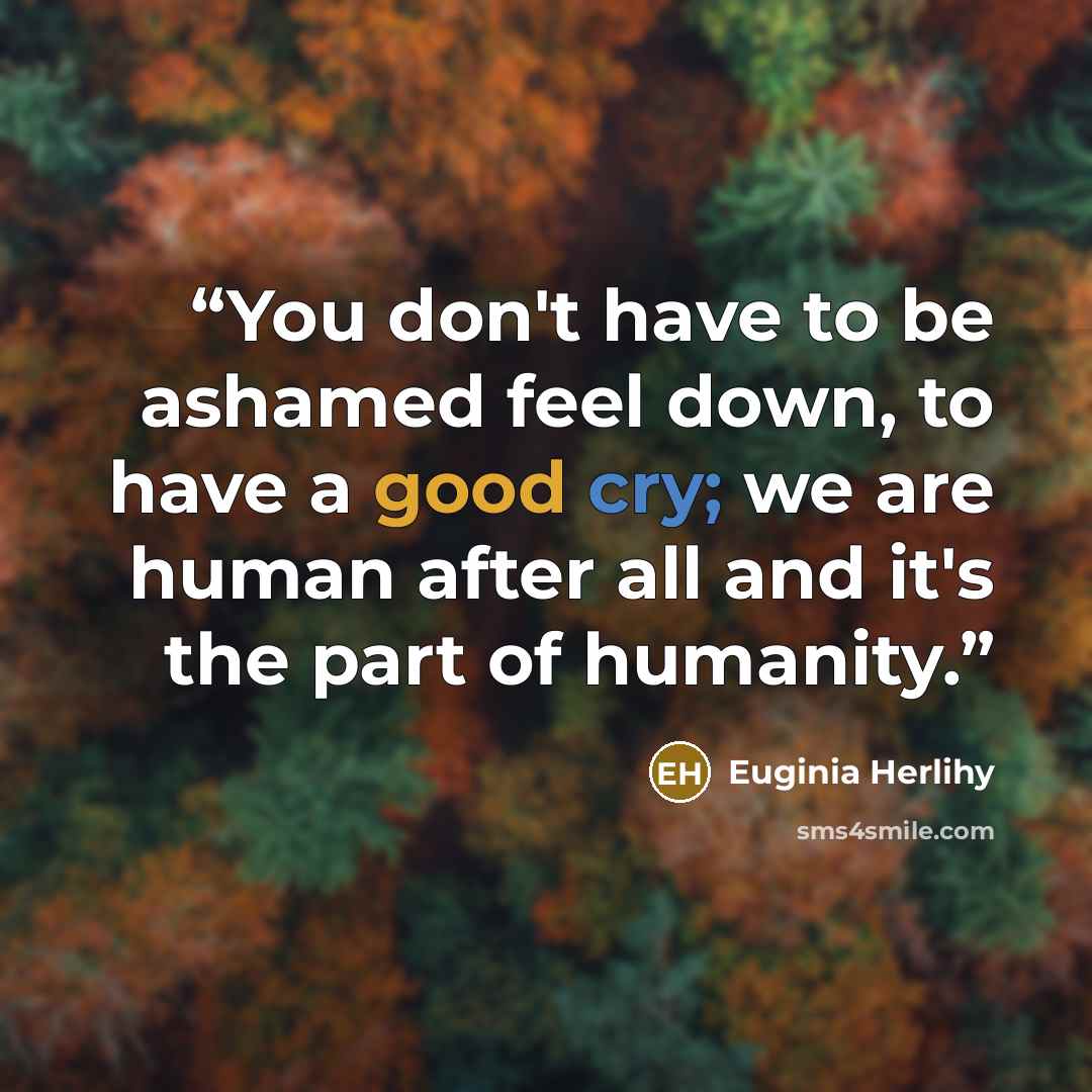 “You don't have to be ashamed feel down, to have a good cry; we are human after all and it's the part of humanity.” quote by Euginia Herlihy