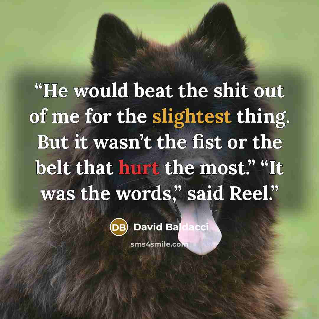 “He would beat the shit out of me for the slightest thing. But it wasn’t the fist or the belt that hurt the most.” “It was the words,” said Reel.” quote by David Baldacci