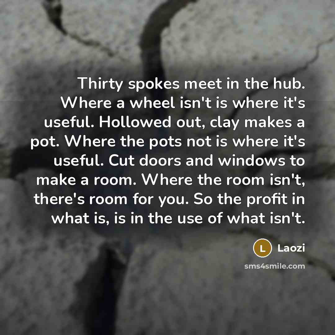 “Thirty spokes meet in the hub. Where a wheel isn't…” quote by Laozi