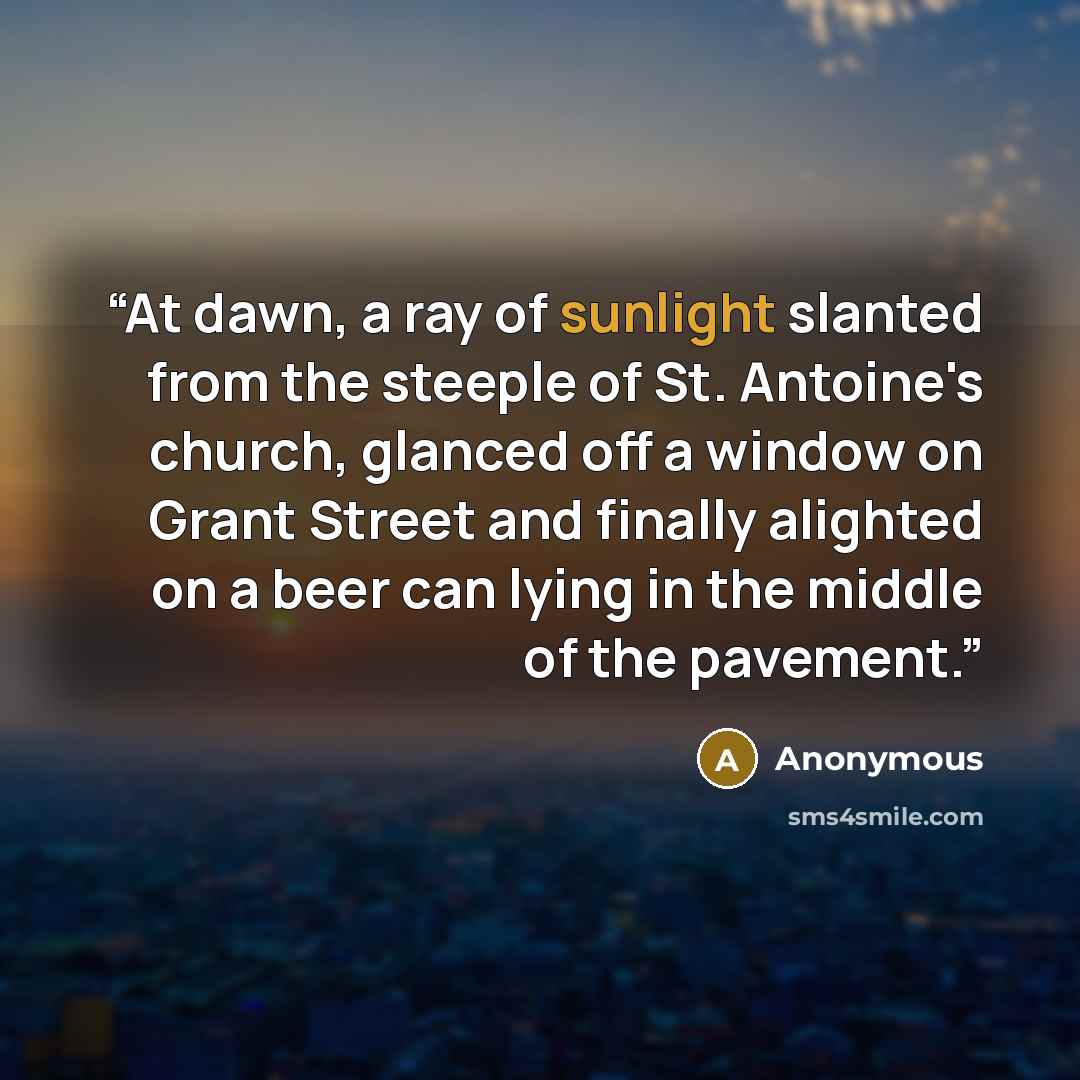 “At dawn, a ray of sunlight slanted from the steeple of St. Antoine's church, glanced off a window on Grant Street and finally alighted on a beer can lying in the middle of the pavement.” quote by Anonymous