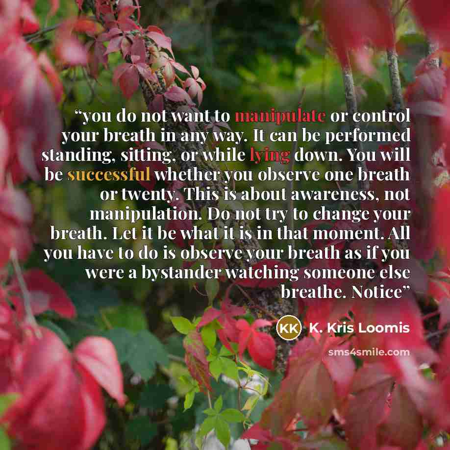 “you do not want to manipulate or control your breath in any way. It can be performed standing, sitting, or while lying down. You will be successful whether you observe one breath or twenty. This is about awareness, not manipulation. Do not try to change your breath. Let it be what it is in that…” quote by K. Kris Loomis