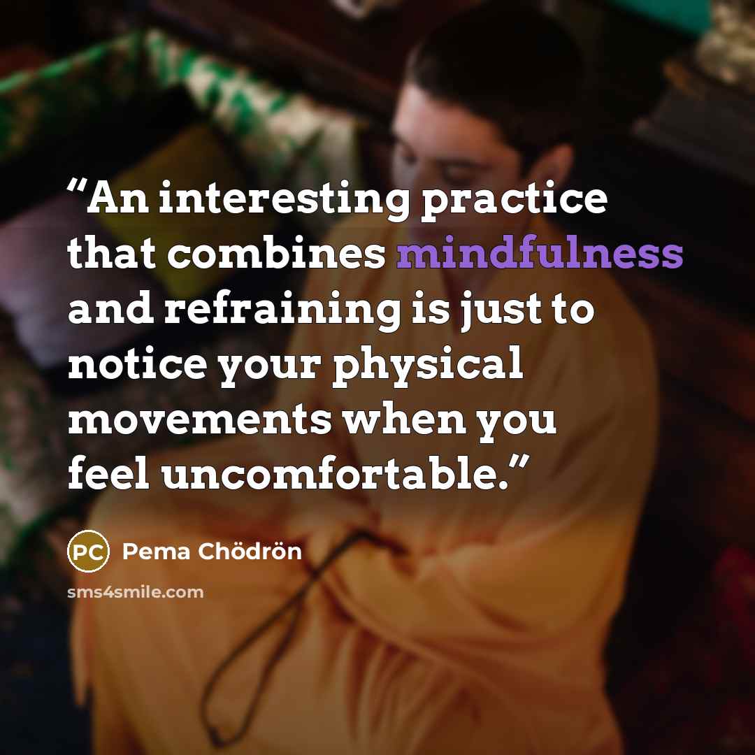 “An interesting practice that combines mindfulness and refraining is just to notice your physical movements when you feel uncomfortable.” quote by Pema Chödrön