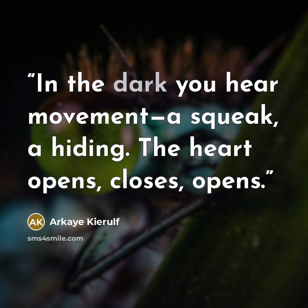 “In the dark you hear movement—a squeak, a hiding. The heart opens, closes, opens.” quote by Arkaye Kierulf