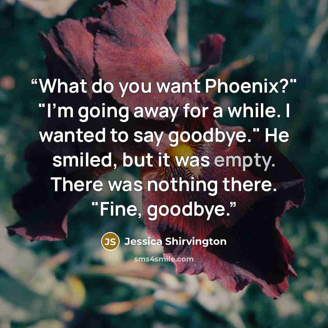 “What do you want Phoenix?" "I'm going away for a while. I wanted to say goodbye." He smiled, but it was empty. There was nothing there. "Fine, goodbye.” quote by Jessica Shirvington