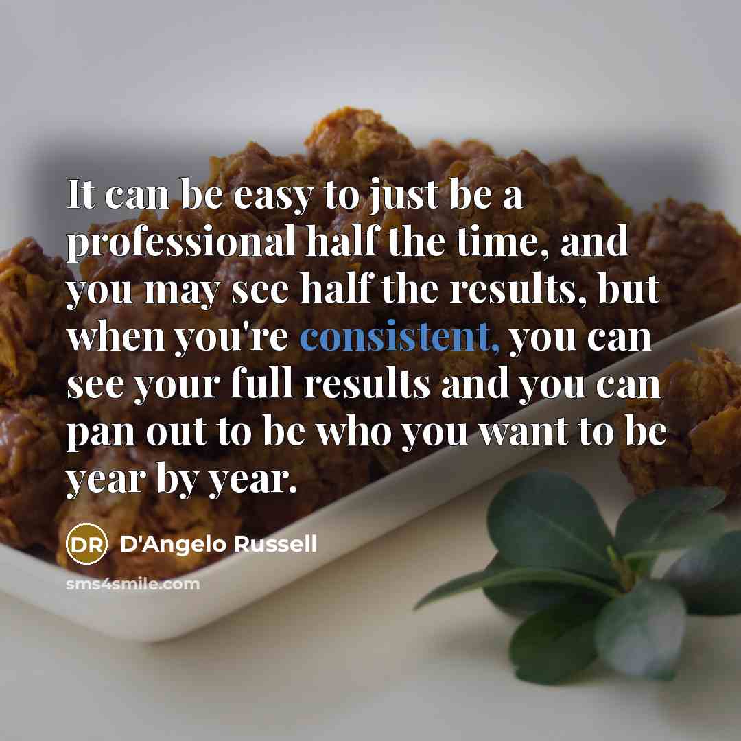 “It can be easy to just be a professional half the time, and you may see half the results, but when you're consistent, you can see your full results and you can pan out to be who you want to be year by year.” quote by D'Angelo Russell