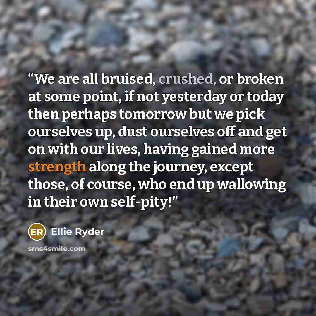 “We are all bruised, crushed, or broken at some point, if not yesterday or today then perhaps tomorrow but we pick ourselves up, dust ourselves off and get on with our lives, having gained more strength along the journey, except those, of course, who end up wallowing in their own self-pity!” quote by Ellie Ryder