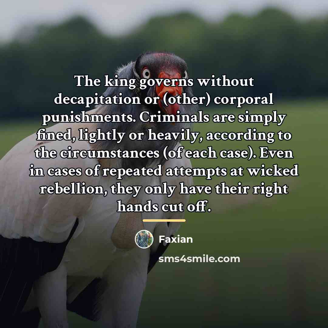 “The king governs without decapitation or (other) corporal punishments. Criminals…” quote by Faxian
