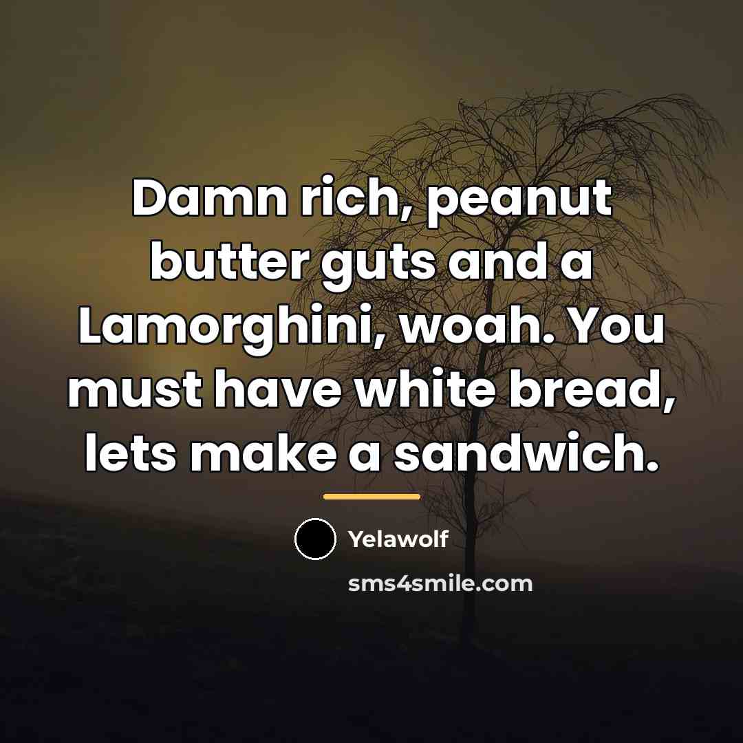 “Damn rich, peanut butter guts and a Lamorghini, woah. You…” quote by Yelawolf