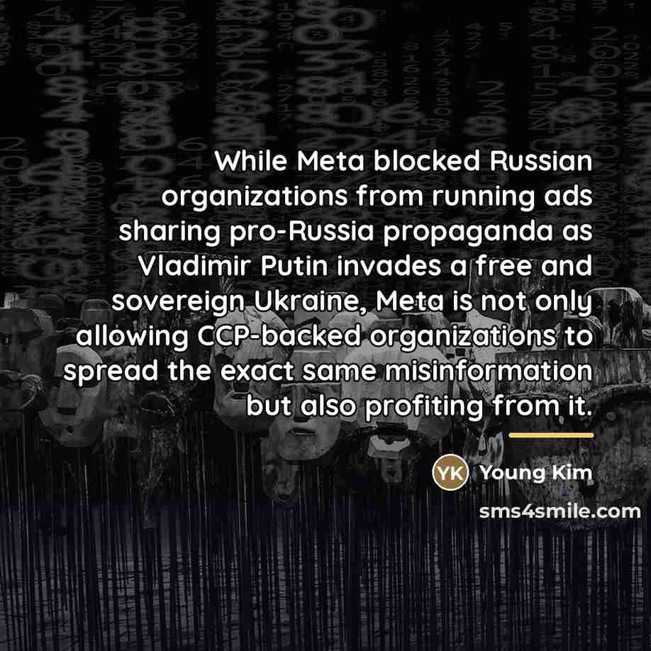 “While Meta blocked Russian organizations from running ads sharing pro-Russia…” quote by Young Kim