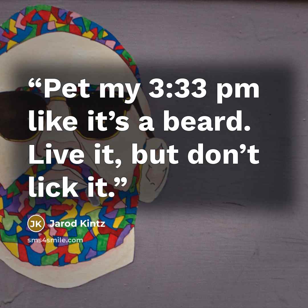 “Pet my 3:33 pm like it’s a beard. Live it, but don’t lick it.” quote by Jarod Kintz
