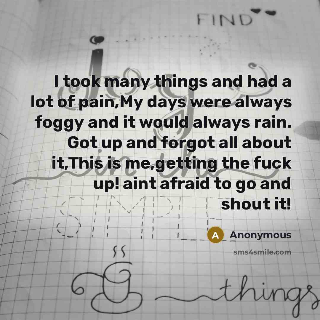 “I took many things and had a lot of pain,My days were always foggy and it would always rain. Got up and forgot all about it,This is me,getting the fuck up! aint afraid to go and shout it!” quote by Anonymous