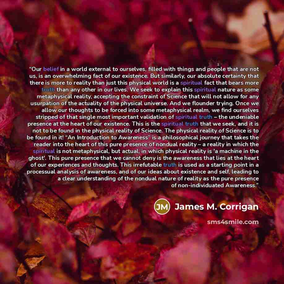“Our belief in a world external to ourselves, filled with things and people that are not us, is an overwhelming fact of our existence. But similarly, our absolute certainty that there is more to reality than just this physical world is a spiritual fact that bears more truth than any other in our…” quote by James M. Corrigan
