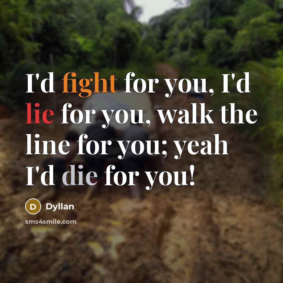 “I'd fight for you, I'd lie for you, walk the line for you; yeah I'd die for you!” quote by Dyllan
