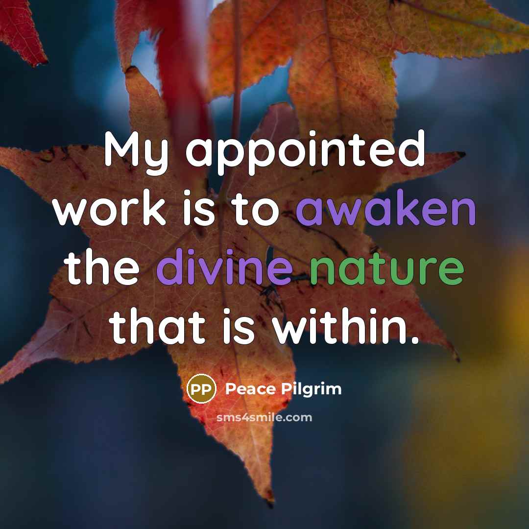 “My appointed work is to awaken the divine nature that is within.” quote by Peace Pilgrim