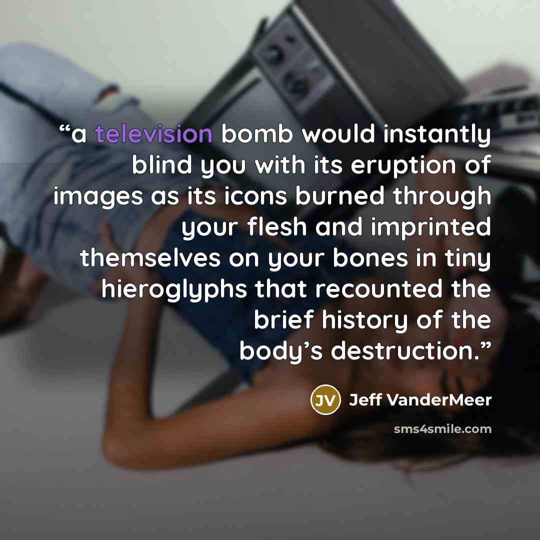 “a television bomb would instantly blind you with its eruption of images as its icons burned through your flesh and imprinted themselves on your bones in tiny hieroglyphs that recounted the brief history of the body’s destruction.” quote by Jeff VanderMeer