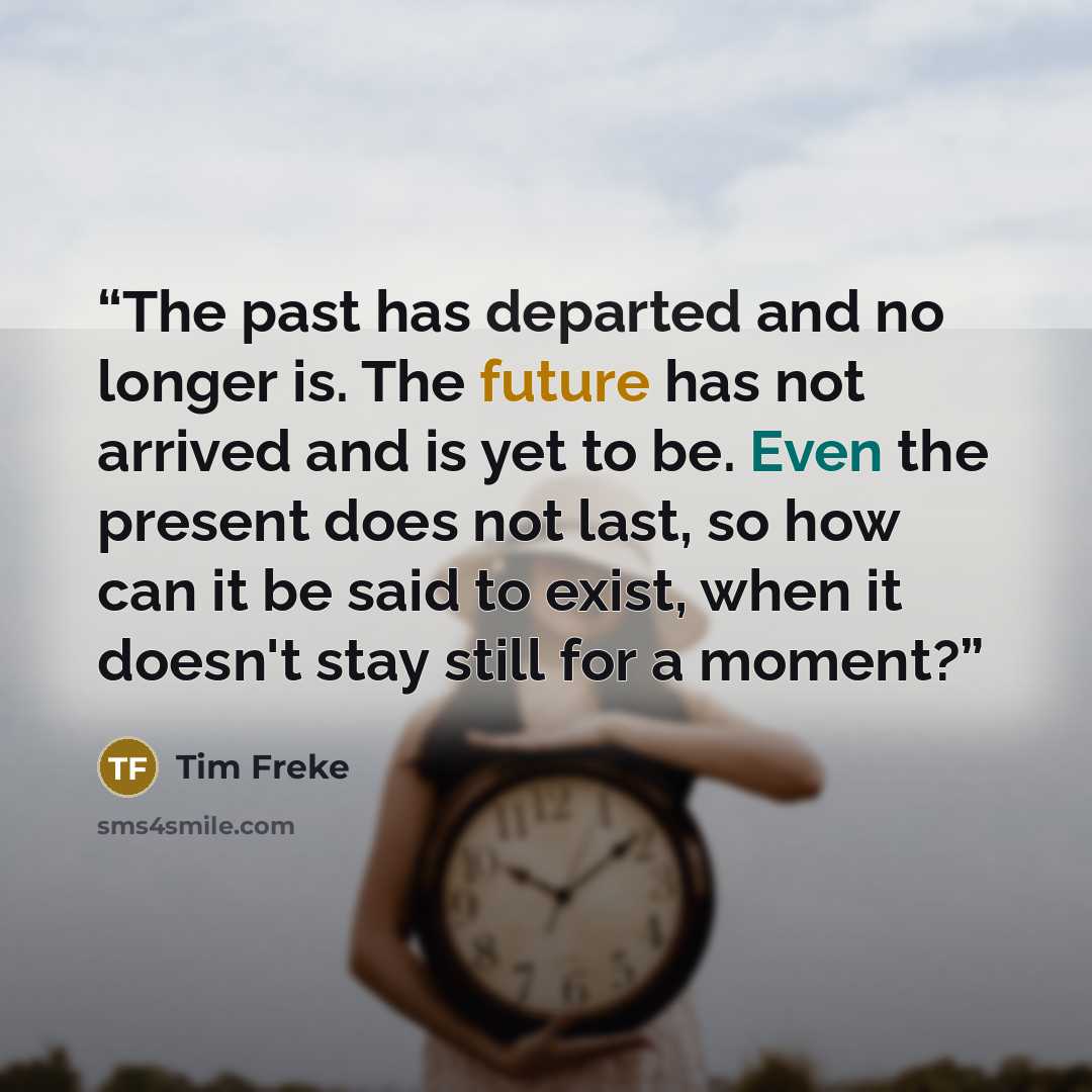 “The past has departed and no longer is. The future has not arrived and is yet to be. Even the present does not last, so how can it be said to exist, when it doesn't stay still for a moment?” quote by Tim Freke