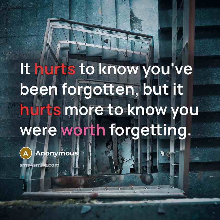 “It hurts to know you've been forgotten, but it hurts more to know you were worth forgetting.” quote by Anonymous
