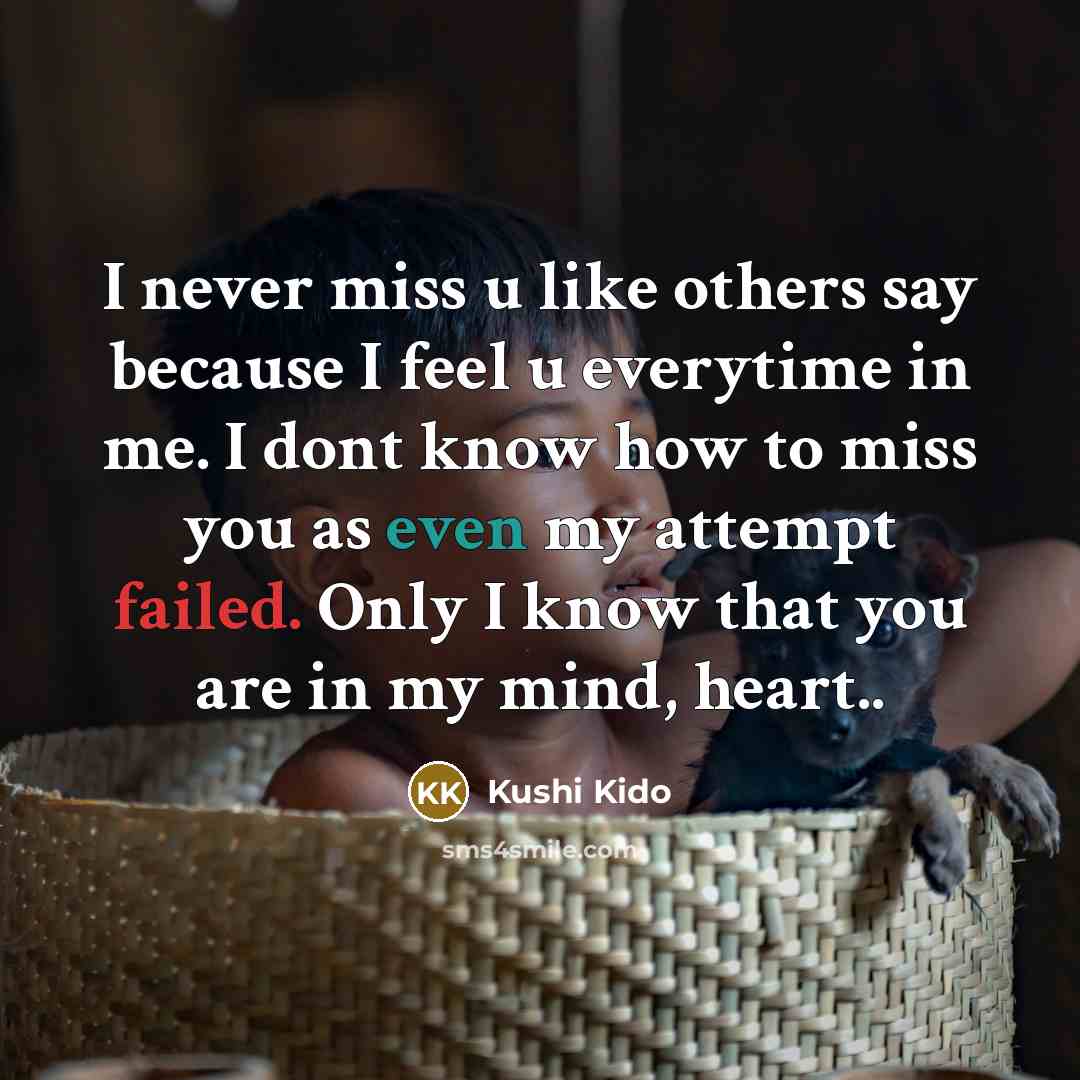 “I never miss u like others say because I feel u everytime in me. I dont know how to miss you as even my attempt failed. Only I know that you are in my mind, heart..” quote by Kushi Kido