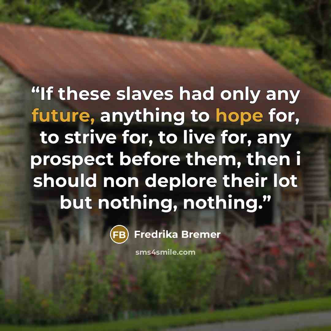 “If these slaves had only any future, anything to hope for, to strive for, to live for, any prospect before them, then i should non deplore their lot but nothing, nothing.” quote by Fredrika Bremer