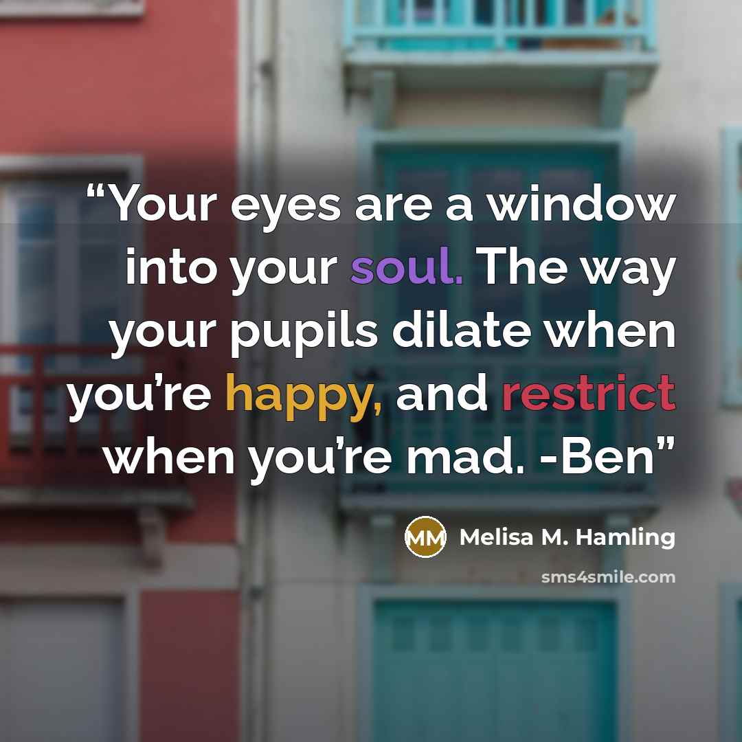 “Your eyes are a window into your soul. The way your pupils dilate when you’re happy, and restrict when you’re mad. -Ben” quote by Melisa M. Hamling