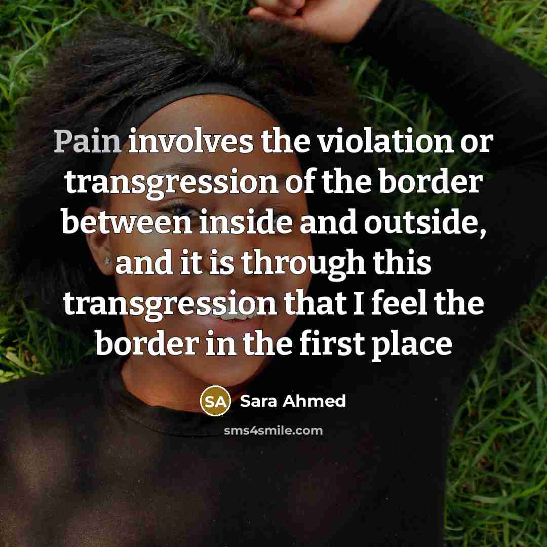 “Pain involves the violation or transgression of the border between inside and outside, and it is through this transgression that I feel the border in the first place” quote by Sara Ahmed