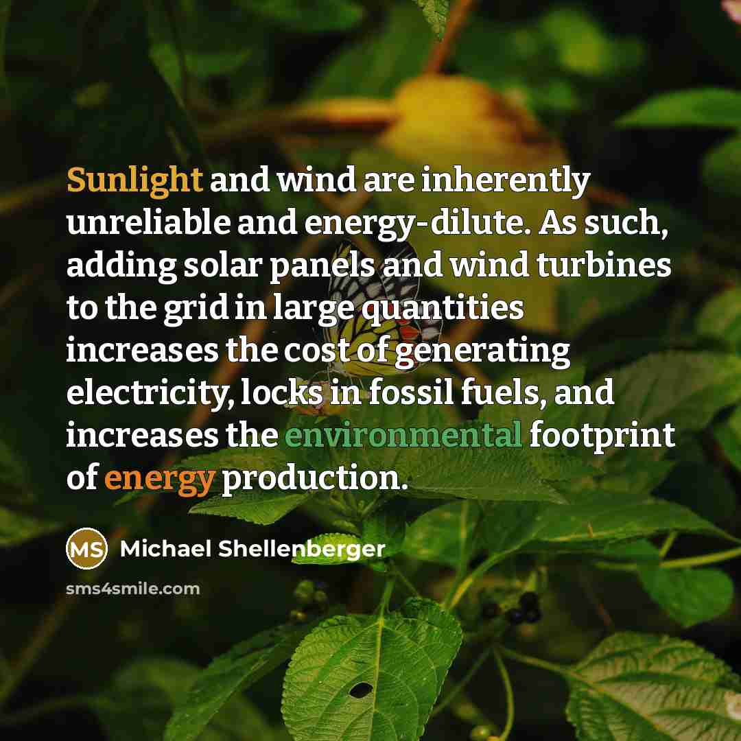 “Sunlight and wind are inherently unreliable and energy-dilute. As such,…” quote by Michael Shellenberger
