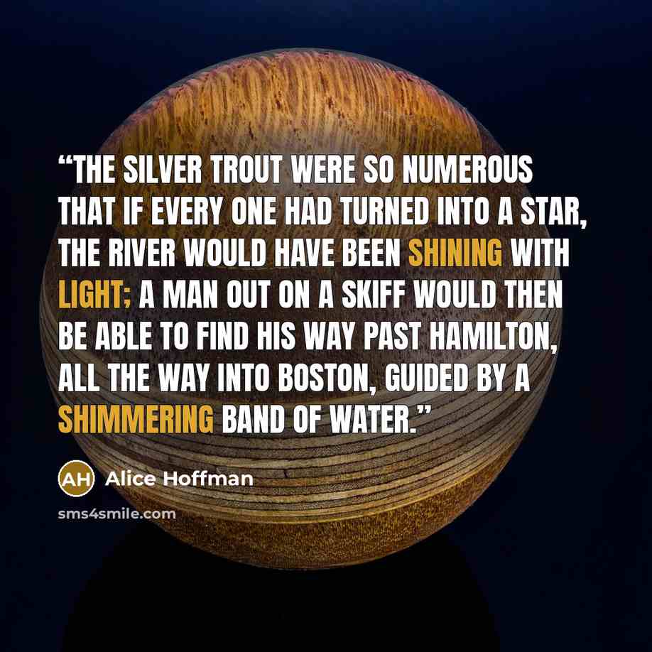 “The silver trout were so numerous that if every one had turned into a star, the river would have been shining with light; a man out on a skiff would then be able to find his way past Hamilton, all the way into Boston, guided by a shimmering band of water.” quote by Alice Hoffman