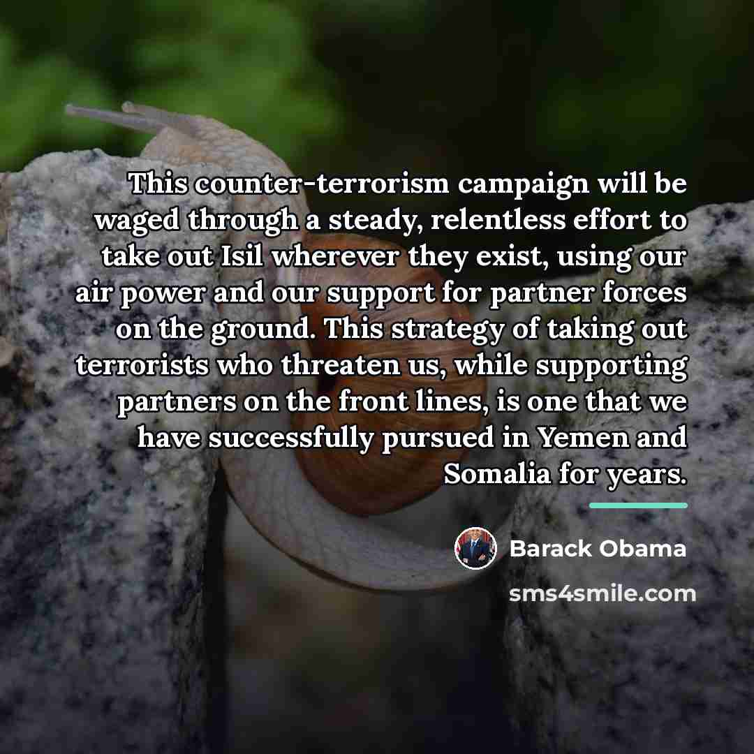 “This counter-terrorism campaign will be waged through a steady, relentless…” quote by Barack Obama