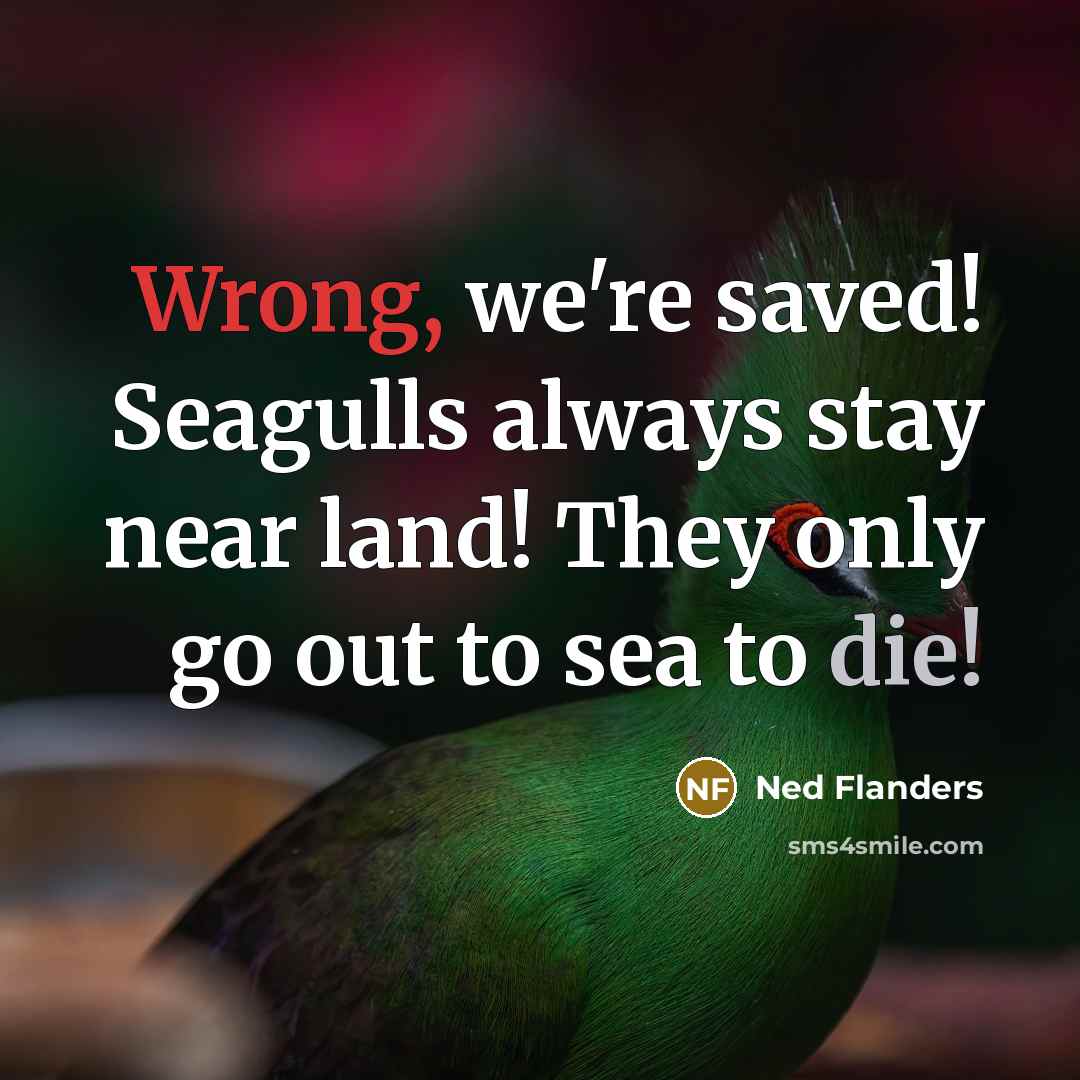 “Wrong, we're saved! Seagulls always stay near land! They only go out to sea to die!” quote by Ned Flanders