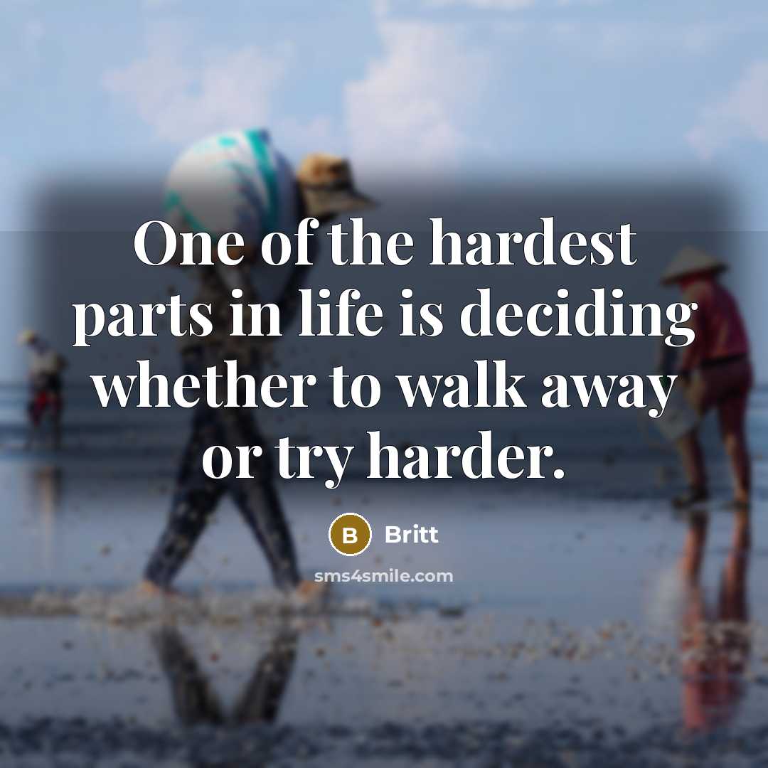 “One of the hardest parts in life is deciding whether to walk away or try harder.” quote by Britt