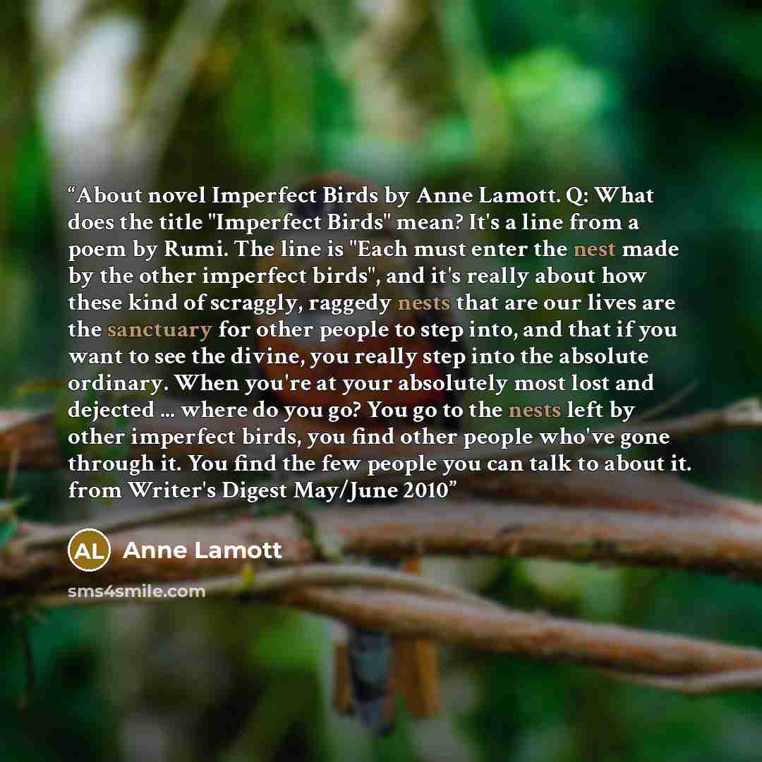 “About novel Imperfect Birds by Anne Lamott. Q: What does the title "Imperfect Birds" mean? It's a line from a poem by Rumi. The line is "Each must enter the nest made by the other imperfect birds", and it's really about how these kind of scraggly, raggedy nests that are our lives are the sanctuary…” quote by Anne Lamott