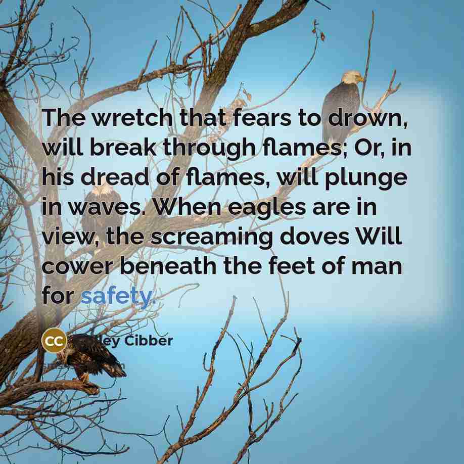 “The wretch that fears to drown, will break through flames;…” quote by Colley Cibber