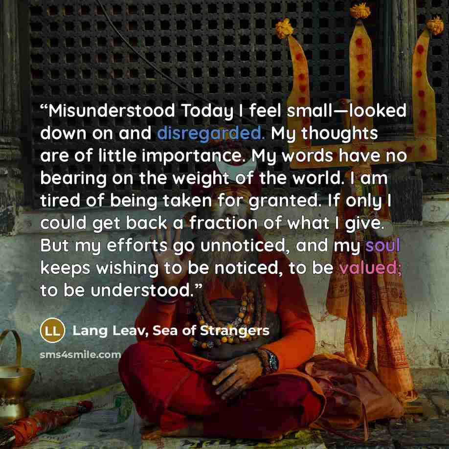 “Misunderstood Today I feel small—looked down on and disregarded. My thoughts are of little importance. My words have no bearing on the weight of the world. I am tired of being taken for granted. If only I could get back a fraction of what I give. But my efforts go unnoticed, and my soul keeps…” quote by Lang Leav, Sea of Strangers