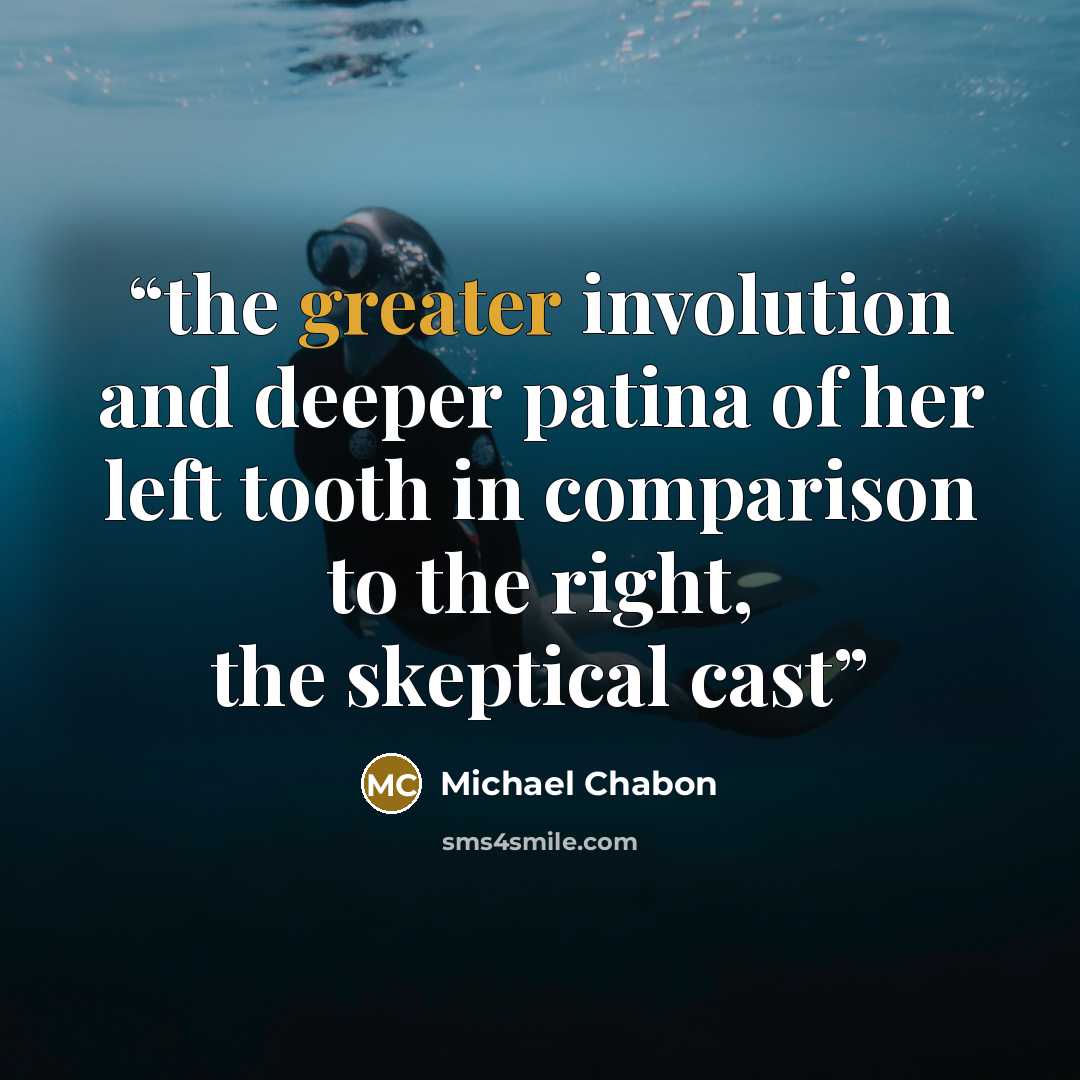 “the greater involution and deeper patina of her left tooth in comparison to the right, the skeptical cast” quote by Michael Chabon